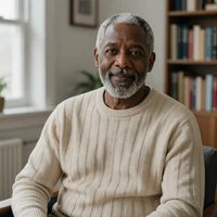 Portrait of Walter, a 62-year-old veteran from North Carolina, smiling by his bookshelf