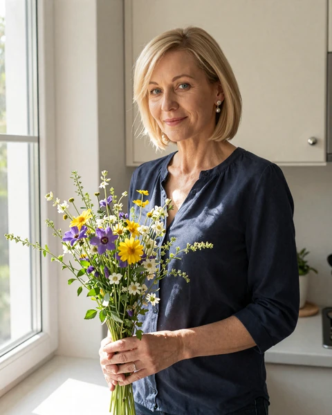 Natalia, 52, holding wildflowers by a sunlit kitchen window in a navy blouse