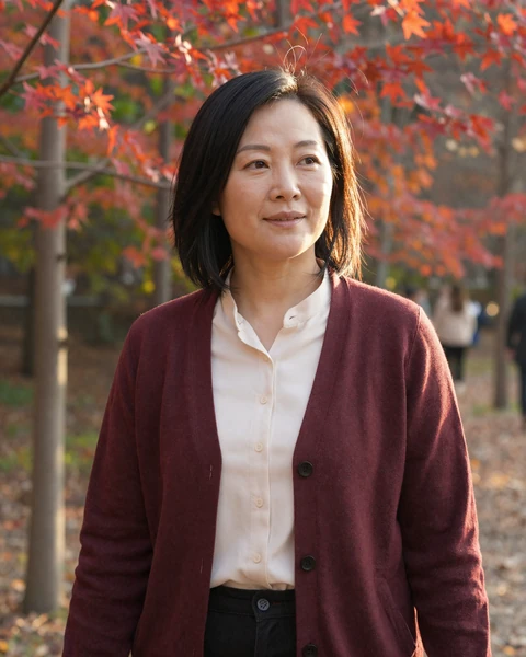 Mei, 48, smiling during an autumn walk in a burgundy cardigan among red maple leaves