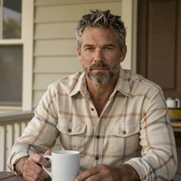 Portrait of Robert, a 58-year-old man from Ohio, smiling in a flannel shirt on his porch