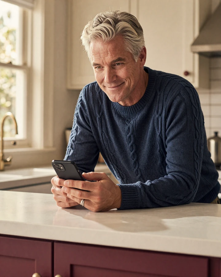 Mature American man reading a message from a verified Avodate match in his sunlit kitchen