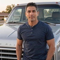 Portrait of Daniel, a 51-year-old man from Texas, standing by a classic truck in golden light