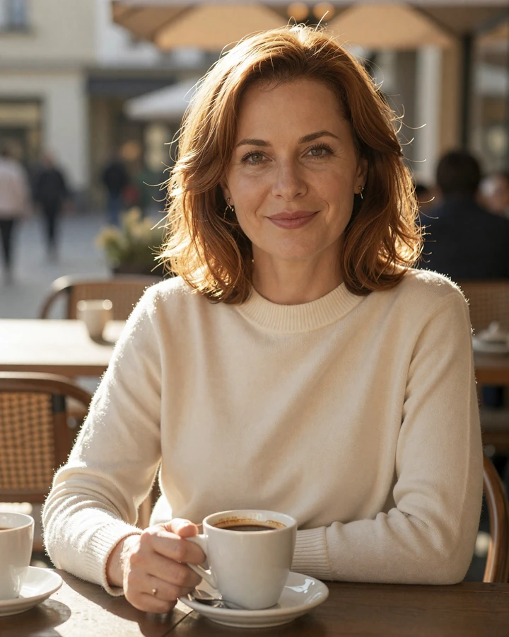 Mature woman Elena smiling softly at a sunlit café terrace, representing a warm Avodate match